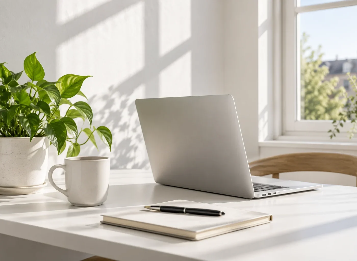 A bright desk with a laptop, plant and notebook