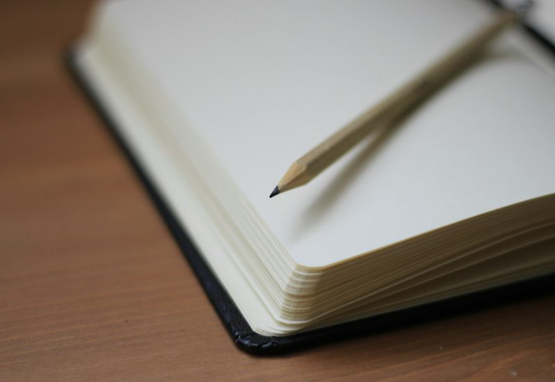 Pencil resting on the pages of an open notebook